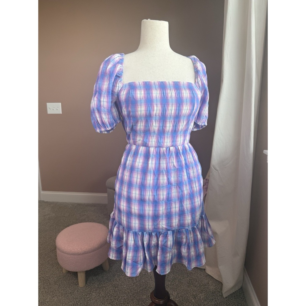 BB Dakota Steve Madden Plaid Smocked Short Dress Square Neck Puff Sleeve S